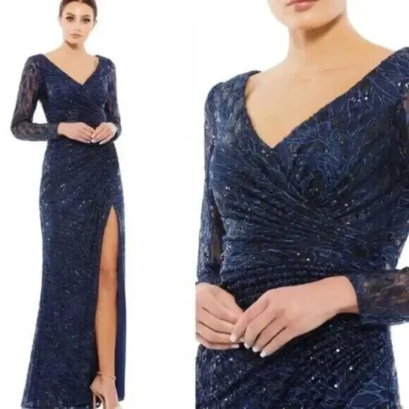 Mac Duggal 12412 Size 18 Long Sleeve Blue Ruched Sequined V-Neck Maxi Gown Dress - Picture 1 of 6